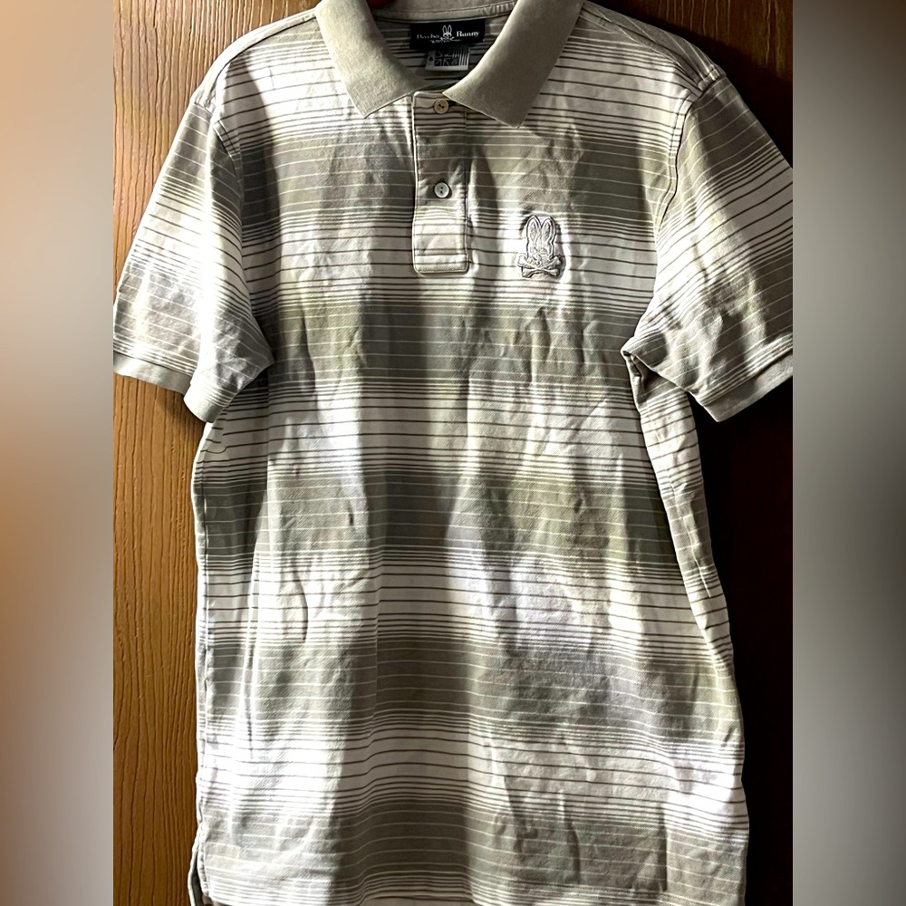 Psycho bunny men’s 6/large gray and white striped polo